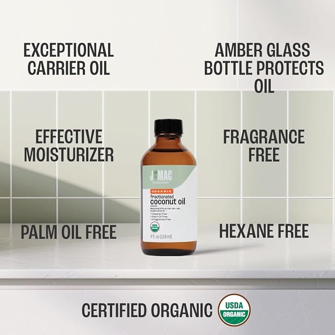 J MAC BOTANICALS Organic Fractionated Coconut Oil (4 oz Glass Bottle) Organic Carrier Oil and moisturizer