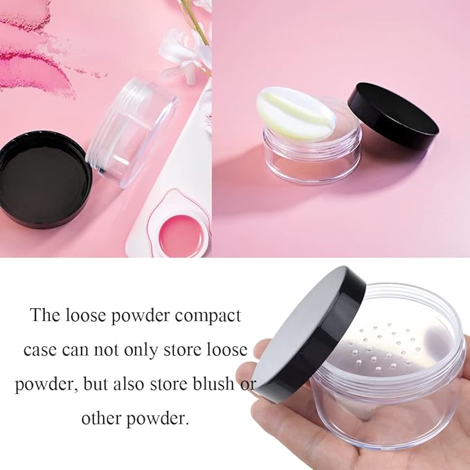 HAHIYO 2Pcs 50ml/1.69oz Plastic Empty Travel Powder Container Large Loose Powder Compact Case Makeup Cosmetic Jar Refillable Powder Box No Leak Powder Holder with Common Sifter and Black Screw Lid