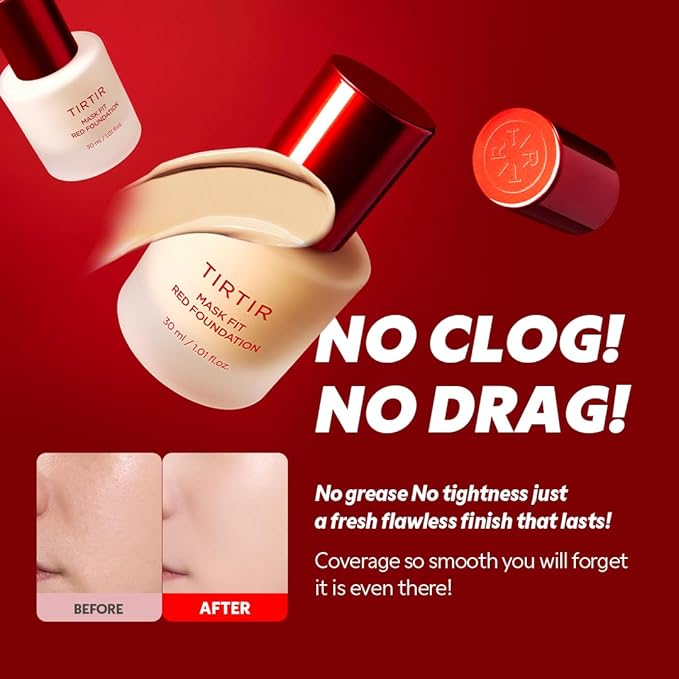 TIRTIR Mask Fit Red FoundationㅣLong Lasting Flawless Coverage, Energy Essence, Lightweight, Hydrating, Pore-Blurring, Breathable Satin Finish, Makeup, Radiant Skin, #33C Hazel, 1.01 Fl Oz