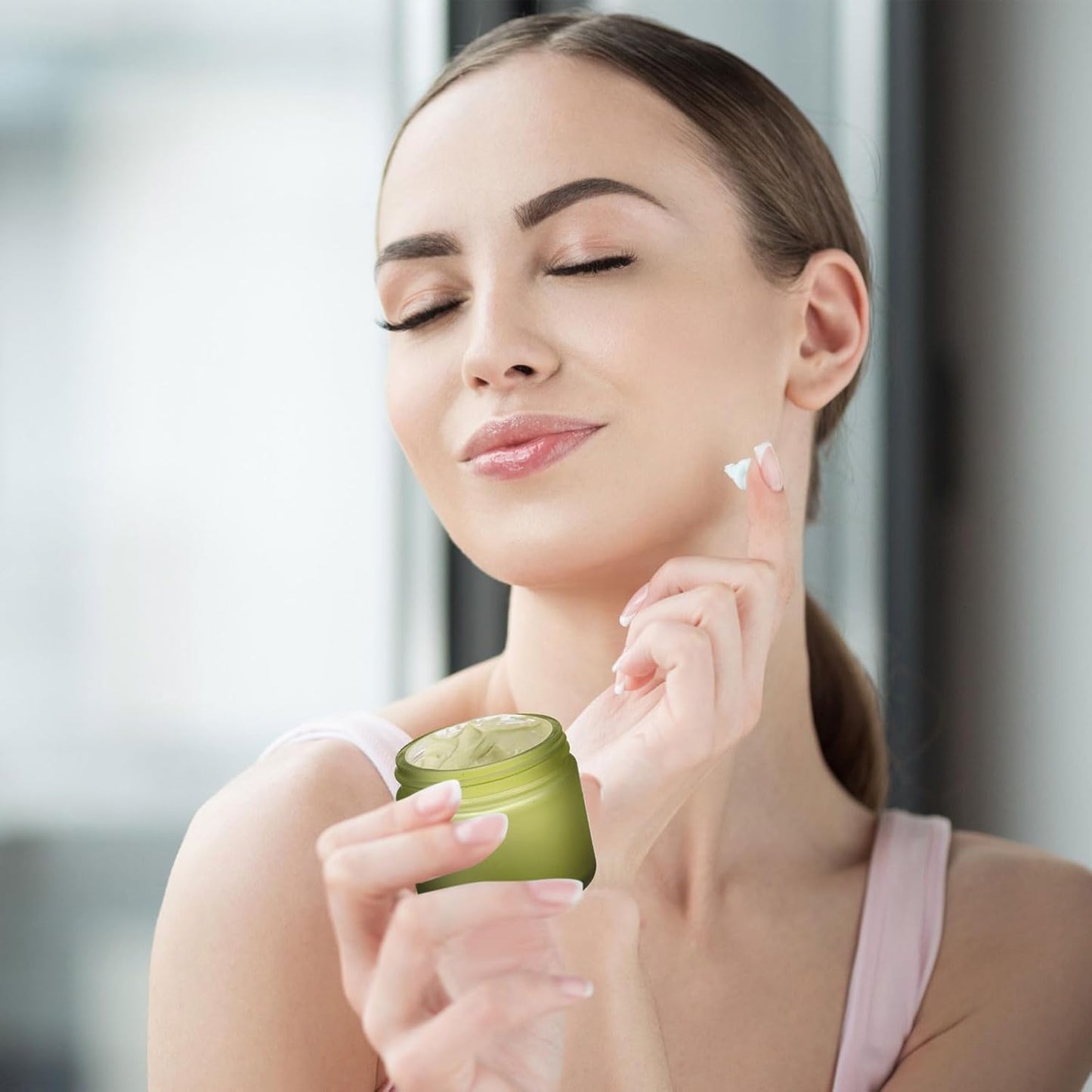 Domensi 48 Pcs 2 oz Glass Jars with Lids Travel Size Round Leakproof Empty Cosmetic Jars with Inner Liners Lid for Storing Makeup Lotions Face Cream Ointments Candle DIY Making (Pea Green)