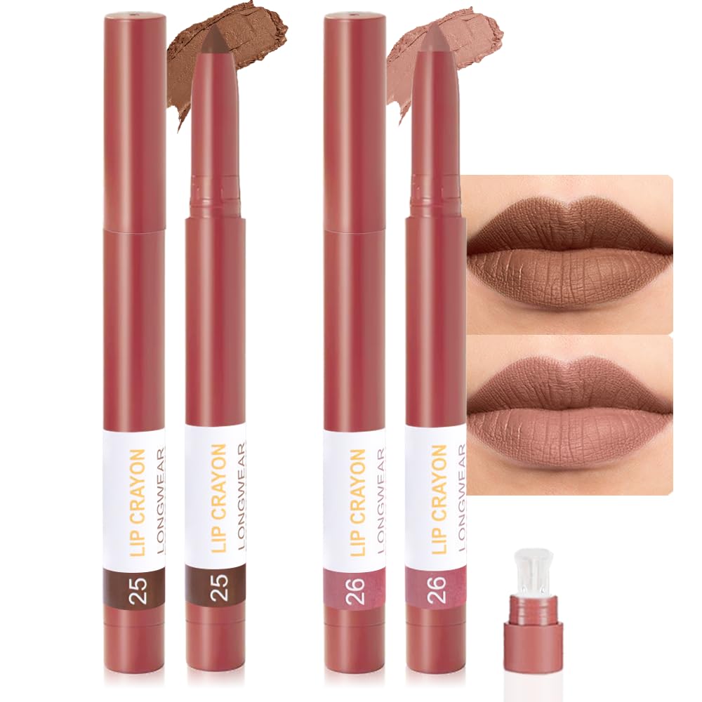 BINGBRUSH Matte Lip Crayon Set – Longwear, Waterproof, Velvet Finish, Built-in Sharpener, Smooth Lip Liner & Gloss (25#+26#, 2 Count (Pack of 1))