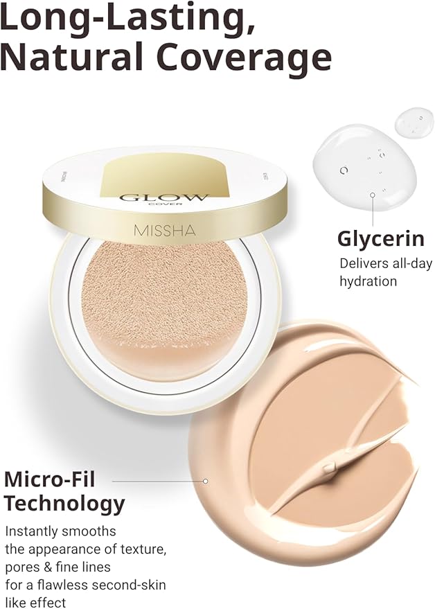 MISSHA Glow Cushion No.21 Light Beige for Bright Skin Radiant & Moisturizing Skin with Buildable Coverage