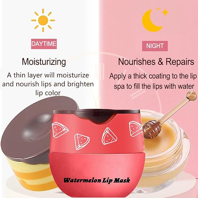 Bee Lip Balm Honey Pot,1Pcs Watermelon Lip Balm Moisturizing Lip Sleeping Mask Hydrating Prevention Dry & Cracked Lip Exfoliator Lip Wrinkle Lip Care Lip Mask Overnight Reduces Lip Line (Watermelon)