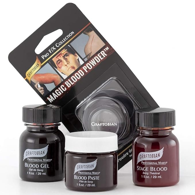 Graftobian Blood Sampler Set Makeup Kit - with 4 FX Bloods - Blood Gel, Blood Paste, Stage Blood, Magic Blood Powder