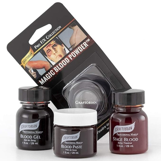 Graftobian Blood Sampler Set Makeup Kit - with 4 FX Bloods - Blood Gel, Blood Paste, Stage Blood, Magic Blood Powder