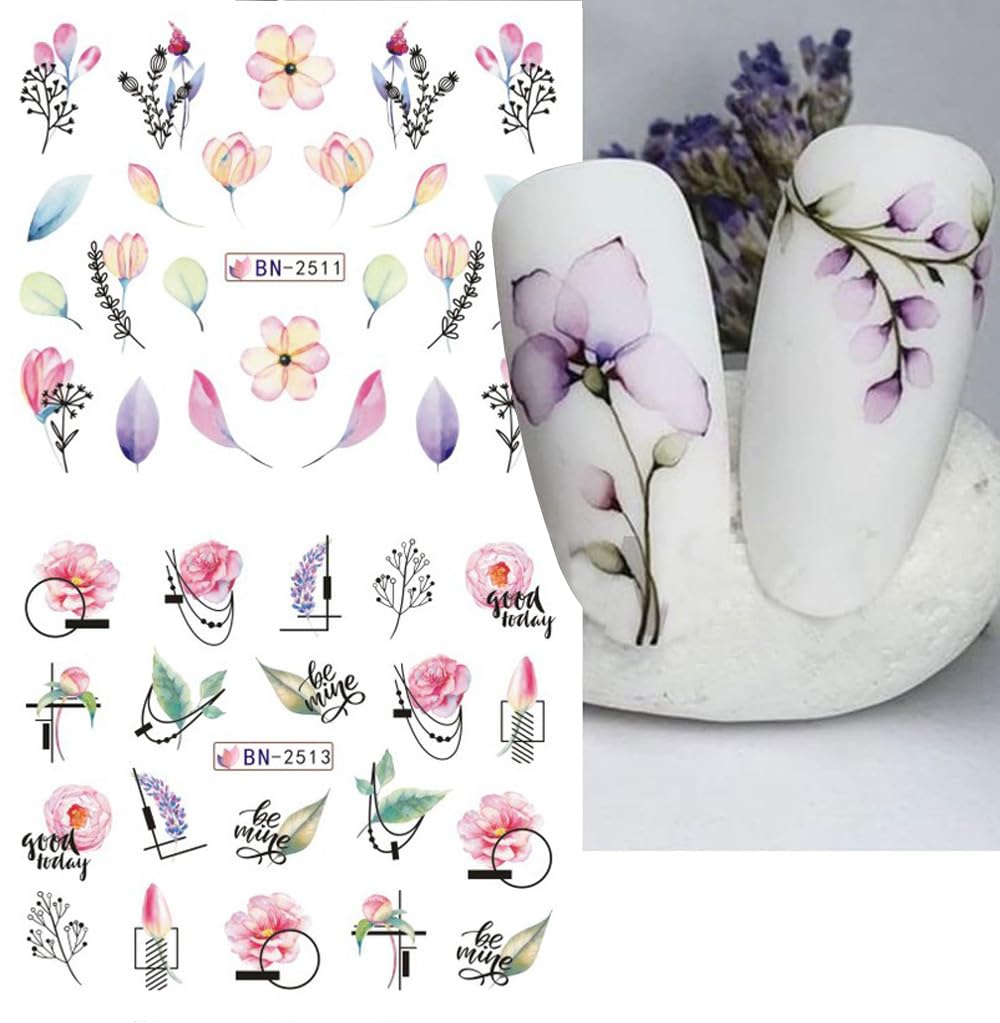 12 Sheets Flower Nail Water Transfer Decals, Nail Art Stickers for Women, Holographic Colorful Flower Leaf Patterns Nail Designs Supplies, Acrylic Nails Decorations DIY Resin Nail Decal Tattoos Set