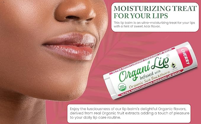 Organic Lip Balm, Cherry Flavor, Ultra Hydrating Lip Moisturizer for Cracked or Dry Lips, Infused With Organic Sea Buckthorn, Oval Shaped Tube, USDA Certified Organic, 1 Pack