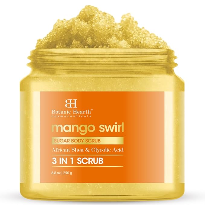 Botanic Hearth Mango Swirl Body Scrub - 8.8 fl oz - Exfoliating & Moisturizing Scrub for Smooth, Radiant Skin - Infused with African Shea & Glycolic Acid | 3 in 1 Scrub