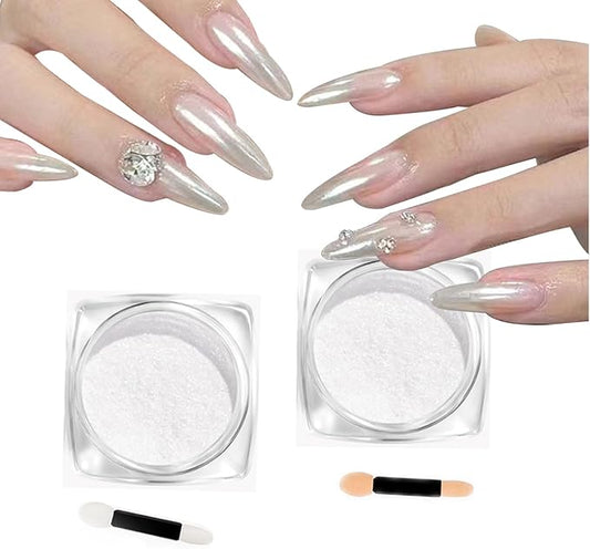 2Pcs Pearl Chrome Nail Powder - Ice Transparent Aurora, White Chameleon Iridescent Pigment for Nails - High Gloss Pearlescent Glitter (2pc White)