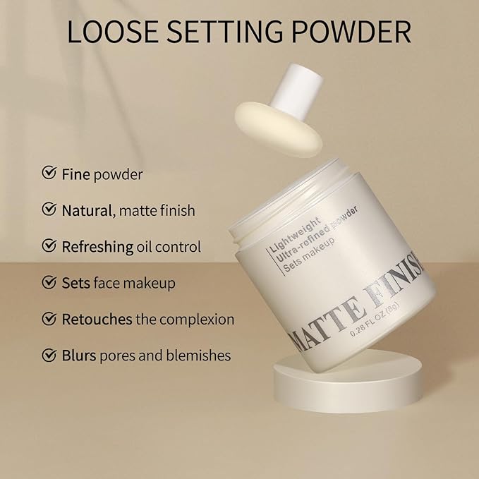 Erinde White Translucent Matte Setting Powder with Puff, Face Loose powder Makeup, Oil Control Finishing Powder, Lightweight Blurring Powder, Waterproof, 24H Long-Lasting, Creates Soft Focus Effect