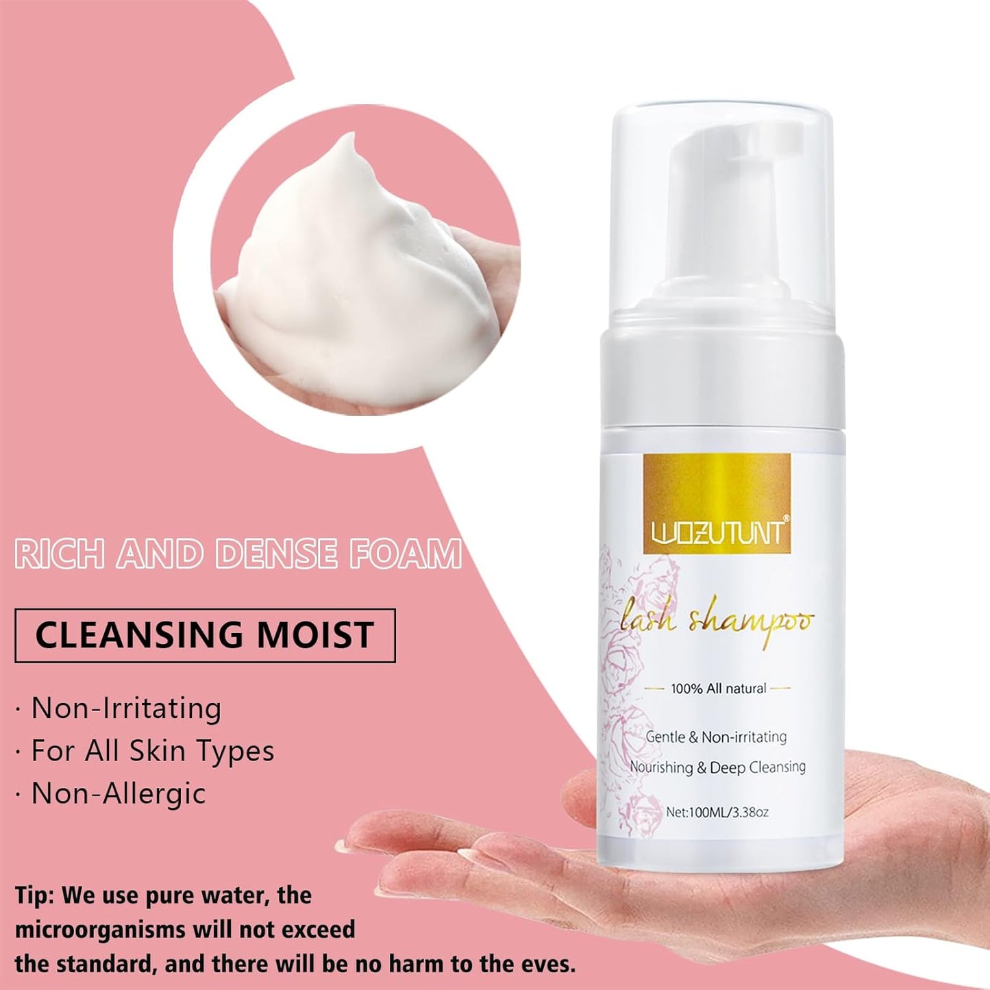 3.38OZ Eyelash Extension Cleanser Lash Mousse Lash Shampoo for Extensions, USB Mini Portable Fan Rechargeable Electric Handheld Air Conditioning Lash Shampoo Brush Plastic Wash Bottle (lash fan-pink)