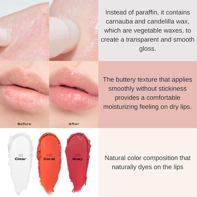 Smooth Butter Lip Balm 0.14 oz – Super Moisturizing Butter Lip Balm, Lip Repair & Care, Natural Color with Vegetable Wax, Shea Butter, All Day Hydration, Soothe Dry Chapped Lips (03 ROSY)