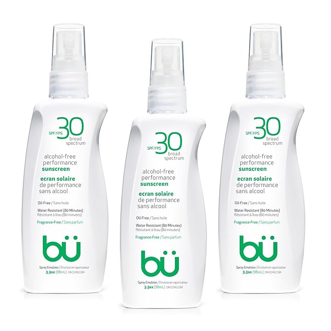 BU SPF 30 Sunscreen Spray for Face and Body, Fragrance Free, TSA Travel Size Sunscreen, Clear, Non Greasy, Water Resistant, for Sensitive Skin, 3.3 oz (3 Pack)