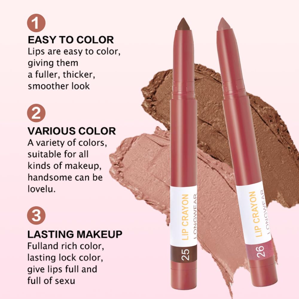 BINGBRUSH Matte Lip Crayon Set – Longwear, Waterproof, Velvet Finish, Built-in Sharpener, Smooth Lip Liner & Gloss (25#+26#, 2 Count (Pack of 1))