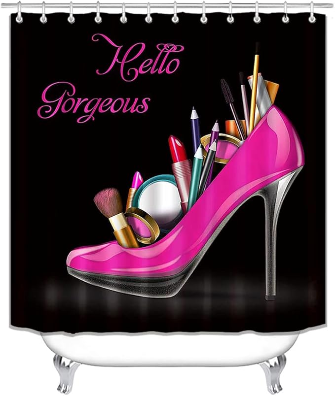 4PCS Hello Gorgeous Shower Curtain Set, Hot Pink High Heels Lipstick Makeup Fashion Girls Women Bathroom Decor, Waterproof Fabric Black Shower Curtain, Non-Slip Bath Mat Toilet Rug, Hot Pink