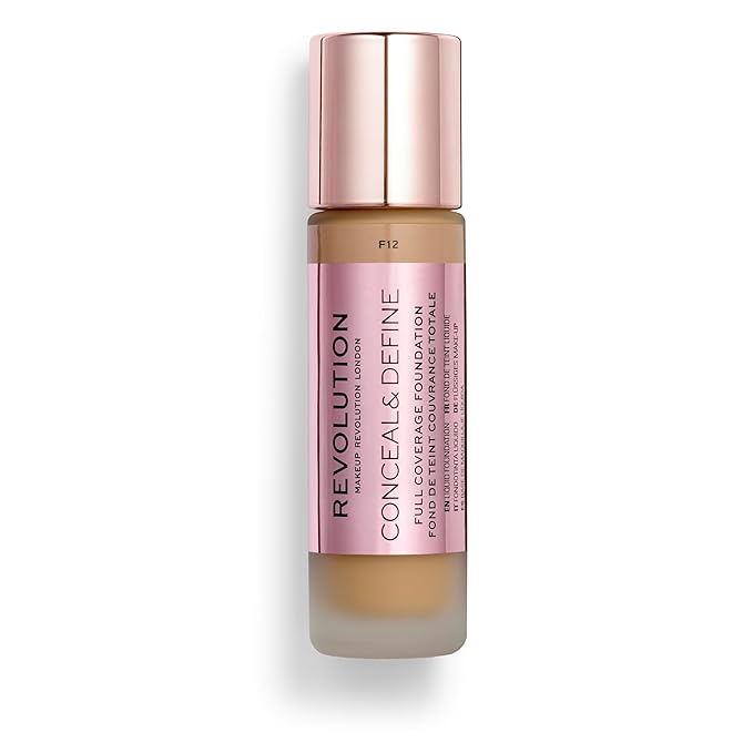 Revolution Beauty, Conceal & Define Foundation, Full Coverage, Long-Lasting Matte Finish, Vegan & Cruelty Free, F12 Medium to Dark Skin Tones, 0.8 Fl.Oz.