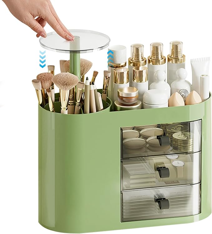 DASITON Makeup Organizer with 3 Drawers,Automatic Lifting Makeup Brush Holder with Lid,Large Capacity Makeup Organizers for Vanity,Bathroom Countertop,Ideal Storage Skin Care,Brushes,Lipstick (Green)