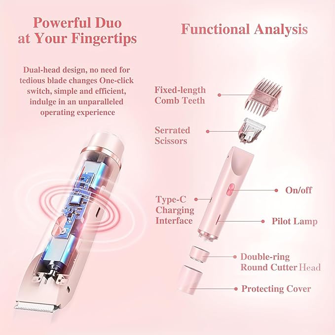2025 Womens Shaver Dual-Head Bikini Trimmer for Women 2-in-1 Women's Body Shaver USB Charge Waterproof Painless Electric Razors for Silk Skin (Pink)