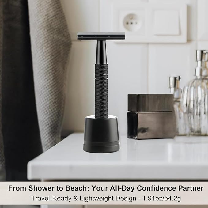 Double Edge Safety Razor with Stand, Single Blade Razors for Men and Women, Reusable Metal Razor, with 10 Stainless Steel Double Edge Blades, Smooth and Close Shave, Plastic Free, Matte Black