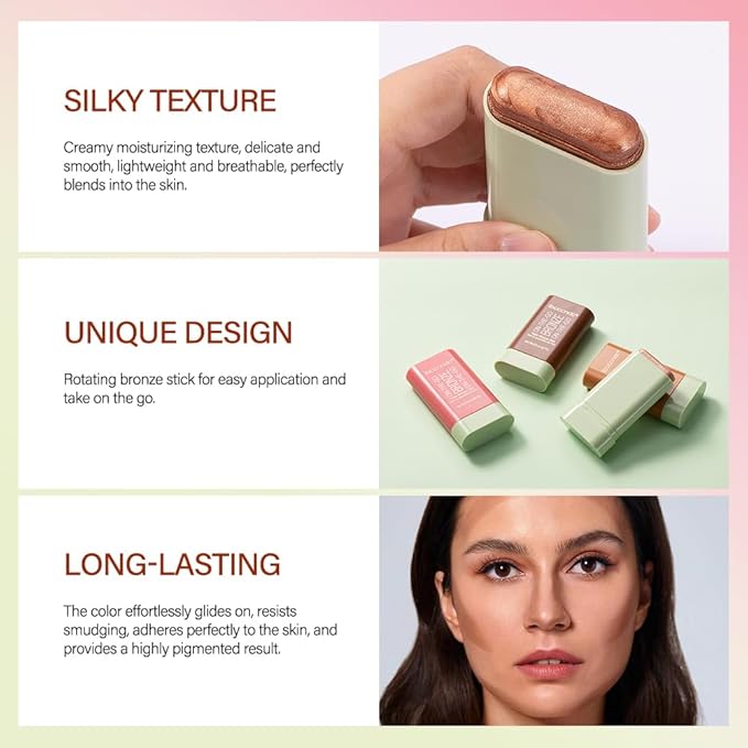 Multi-Use On The Go Bronzer Stick, Cream Contour Stick, Highlight Facial Stick Makeup, Glow Bronzer Stick for Women, Long-lasting Tinted Stick (4# Beach Glow)