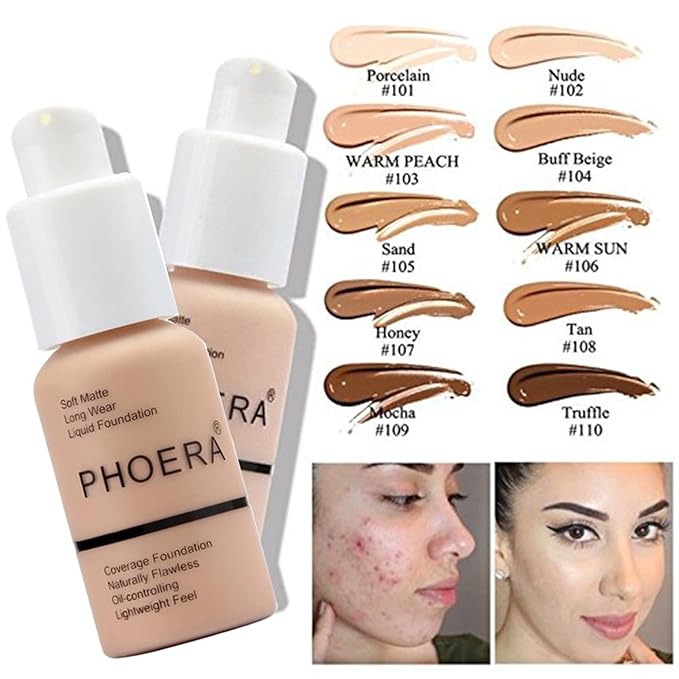 PHOERA Foundation,Mushroom Head Air Cushion CC Cream Natural Foundation, PHOERA Primer, PHOERA Powder, Kabuki Makeup Brushes Foundation Brush Powder Brush (101 Porcelain+01 Ivory CC)