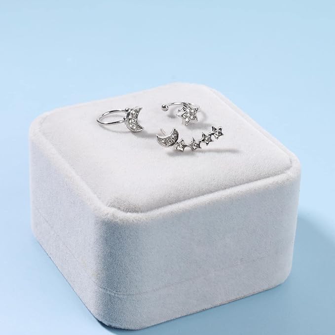 Boho Moon Star Ear Climber Earrings Silver Cz Star Ear Crawler Earrings Vintage Rhinestone Moon Cuff Earrings Cartilage Star Trailing Earrings Celestial Jewelry for Women and Girls Gifts