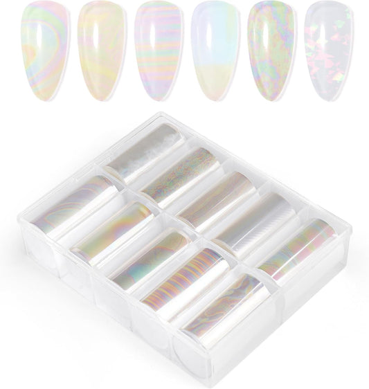 10 Sheets Holographic Nail Art Foil Transfer Stickers - Metallic Color Print Nail Decals 3D Self-Adhesive Stickers DIY Manicure Decoration Kit