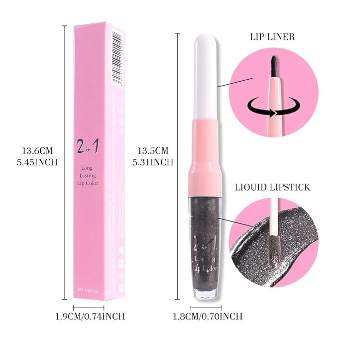 evpct Black Metallic Glitter Lip Liner and Lipstick Combo Lip Gloss Stain Set Makeup for Women Long Lasting Waterproof 24, Goth Gothic Halloween Metallic Shimmer Frosted Iridescent Liquid Lipstick 17