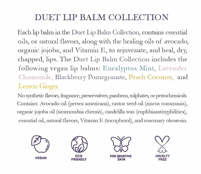 ALIDA PURE Duet Lip Balm Collection, Vegan, Lip Balm Set, Coconut Oil Free, Avocado Oil, Organic Jojoba Oil, Vitamin E Oil, Vegan, Lip Oil Set for Dry Cracked Lips, 5 Tubes of Lip Balm per Set