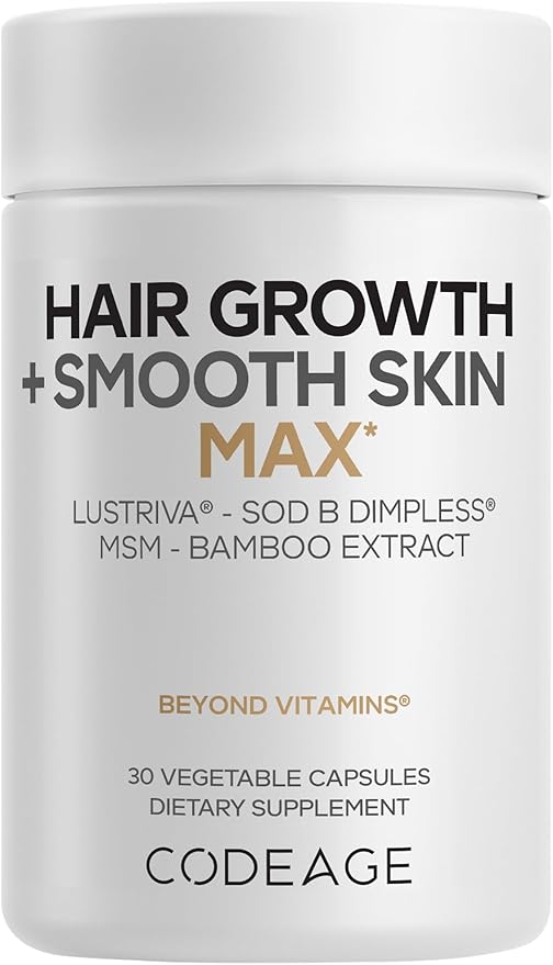 Codeage Hair Growth + Smooth Skin Max Vitamins Supplement - Patented Lustriva & SOD B Dimpless Superoxide Dismutase - Hair Growth Health Skin Cellulite Support - Biotin, Vitamin C, MSM - 30 Capsules