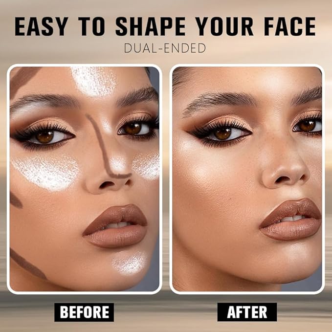 2Pcs 2in1 Cream Contour Highlighter Stick, Dual-Ended Highlighter Makeup Contour Stick, Contour Stick Dual Ended For Face Body Makeup, Long Lasting Waterproof for All Skin Tones (05+06)