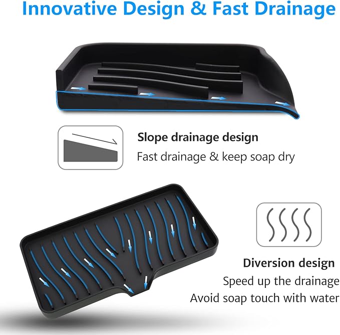 3-Pack Silicone Soap Dish, Sponge Holder for Sink, Kitchen Soap Tray, Bathroom Soap Holder, Sponge Tray with Drain (Black)