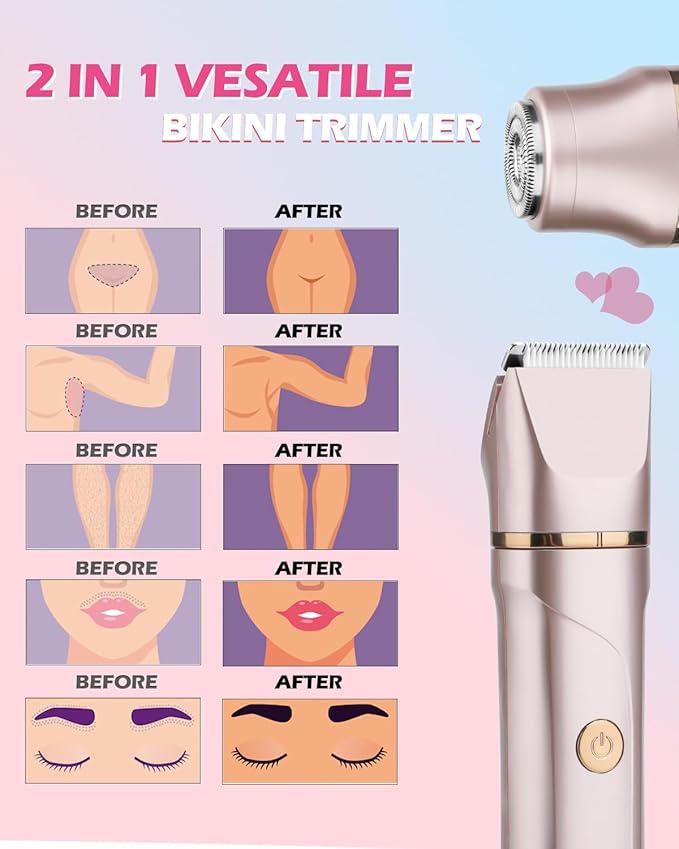 Bikini Trimmer for Women 2-in-1 – Rechargeable Electric Razors for Women, Painless Electric Shaver for Bikini, Underarm, Legs, Arms – IPX7 Waterproof, Compact Travel Design