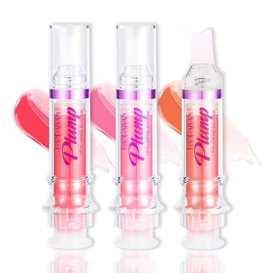 Lip Plumper Gloss 3 Colors Set,Natural Lip Plumping Oil and Lip Care Serum Enhancer for Fuller Booster Balm Moisturizing Hydrating&Reduce Fine Lines Nourishing Non-sticky Lips Mask Makeup