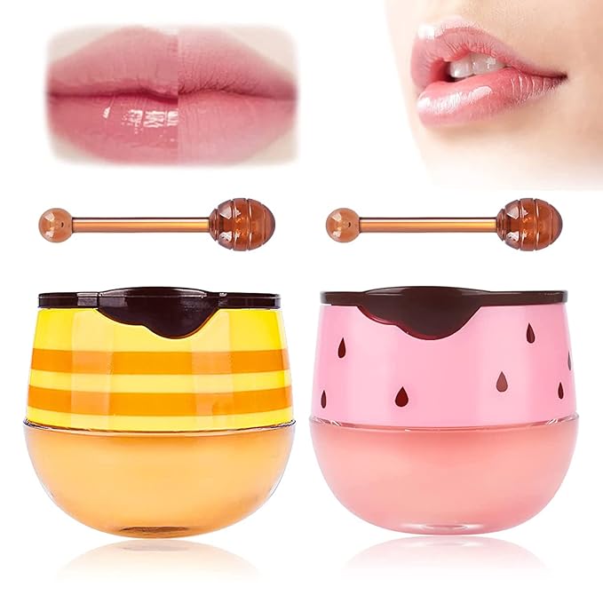Bee Balm Lip Balm Honey Pot, 2 PCS Strawberry & Honey Lip Masks Hydrating Prevention Dry and Cracked Lip Scrubs Exfoliator
