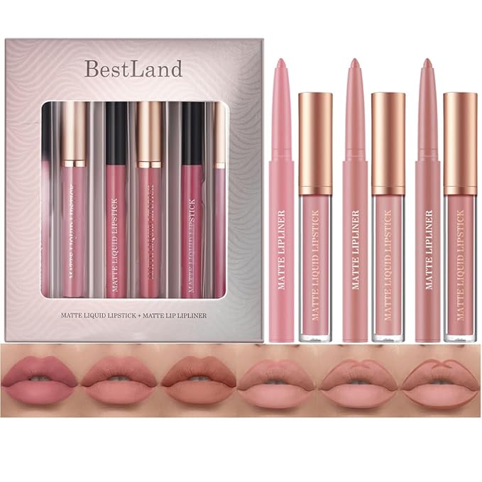 BestLand 6Pcs Matte Liquid Lipstick + Lip Liner Pens Set, One Step Lips Makeup Kits Pigment Velvety Nude Lip Stain Waterproof Long Wear Lip Gloss Make up Gift Set (Graceful Nudes Collection)