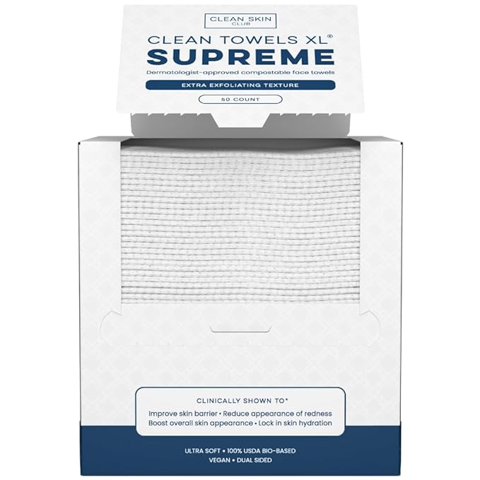 Clean Skin Club Clean Towels XL™ Supreme, 100% USDA Biobased Dermatologist Approved Face Towel, Gentle Exfoliation, Disposable Facial Washcloth, Makeup Remover Dry Wipes, 50 Count