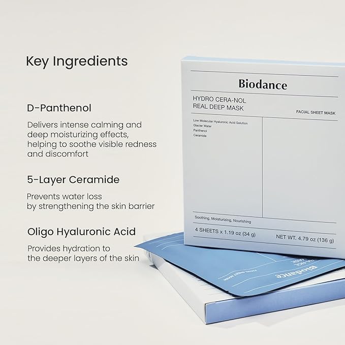 BIODANCE Hydro Cera-nol Real Deep Mask, Overnight Hydrogel Mask, Hydrating Facial Mask For Sensitive Skin, Redness Reducing & Quick Soothing Effect, Korean Skincare | 1.19oz(34g) x 4ea