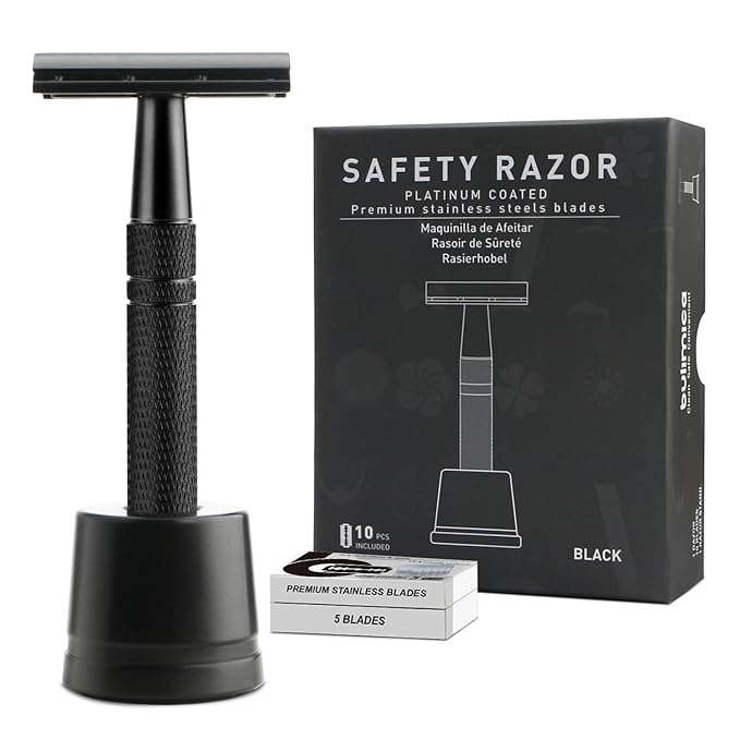 Double Edge Safety Razor with Stand, Single Blade Razors for Men and Women, Reusable Metal Razor, with 10 Stainless Steel Double Edge Blades, Smooth and Close Shave, Plastic Free, Matte Black