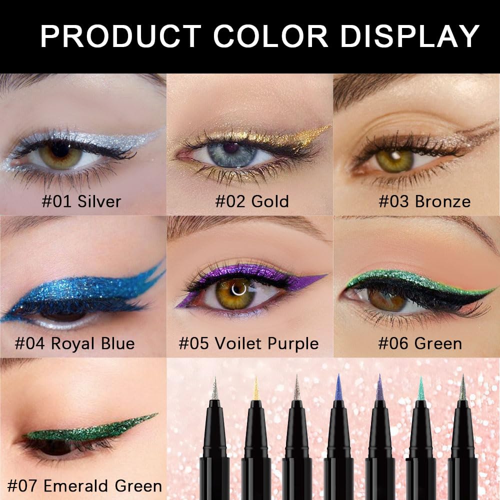 Green Metallic Glitter Liquid Eyeliner Pen – Long-Lasting Sparkly Waterproof Eyeliner for Women & Men – Tattoo-Effect Eye Makeup for Parties – Delineador Líquido con Brillo 06
