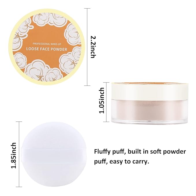 Boobeen Loose Face Powder Translucent Setting Powder Oil Control Loose Powder, Soft Focus Effect Makeup Loose Setting Powder, Lightweight Shine Control Matte Finishing, with Puff