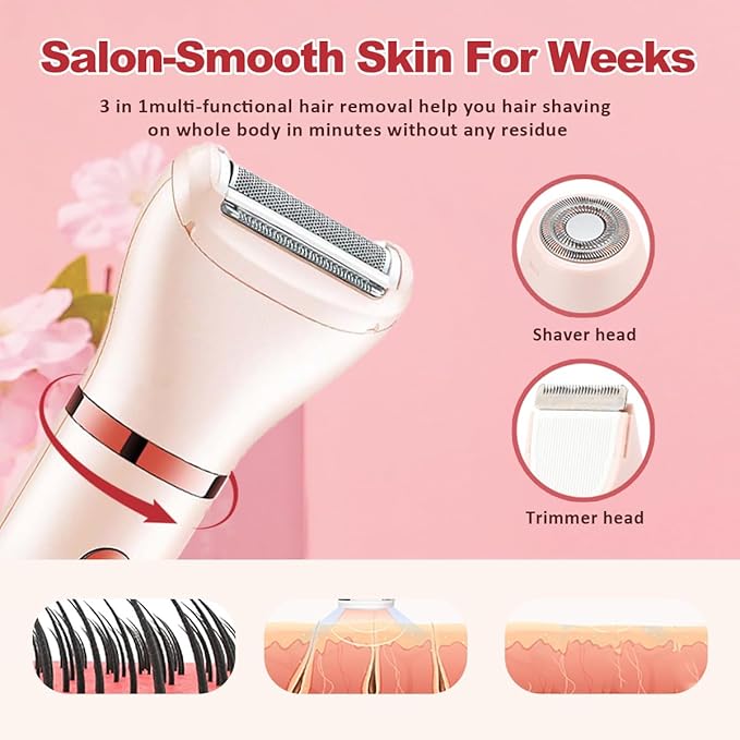 Electric Razor for Women,3 in 1 Shaver Hair Remover for Women Face,Wet & Dry Painless Shaver Bikini Trimmer for Face,Legs and Underarm (Pink)
