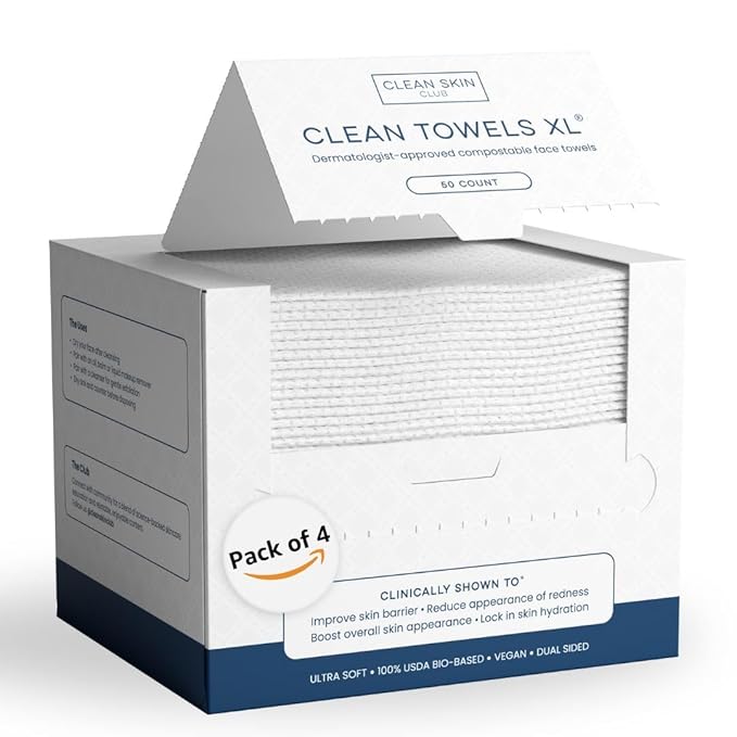 Clean Skin Club Clean Towels XL™, USDA Certified 100‪%‬ Biobased Dermatologist Approved Face Towel, Disposable Makeup Remover Dry Wipes, Facial Wash (4 pack)