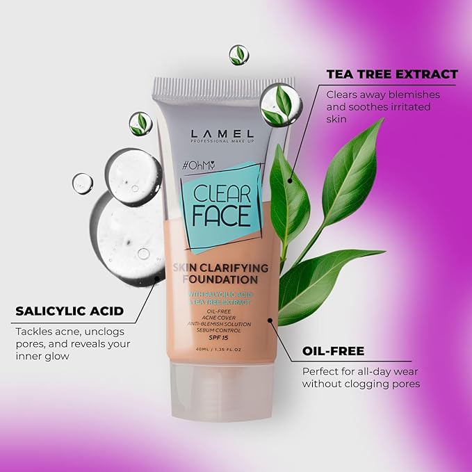 Lamel- Oh my Clear Face Foundation-406 Sand | Contains tea tree extract and salicylic acid |Controls sebum production |Anti-blemish formula |Oil free foundation | 40ml