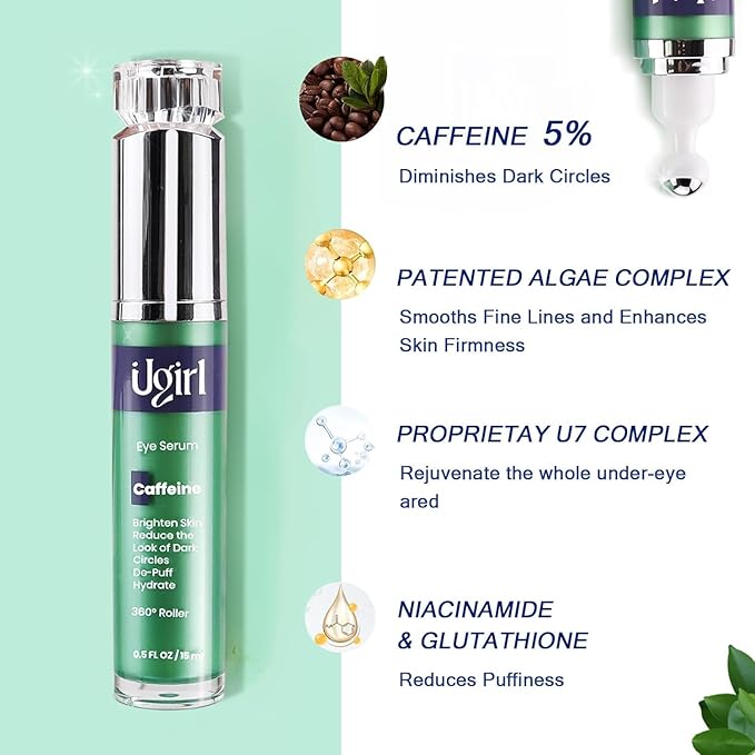 Eye Serum for Dark Circles, 5% Caffeine Under Eye Cream for Wrinkles, Morning Puffiness and Fine Lines, Deeply Repairs the Muscles Around the Eyes with 360°Massage Ball, 0.5 Fl Oz