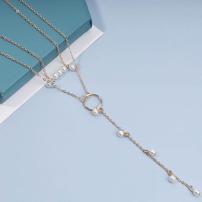 Boho Circle Pearl Lariat Necklace Gold Long Lariat Chain Necklace Tiny Pearl Choker Necklace Drop Pearl Chain Y Necklace Jewelry for Women and Girls Gifts