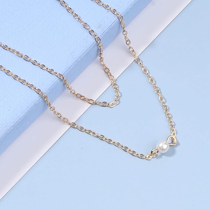 Boho Layered Pearl Choker Necklace Gold Pearl Pendant Necklace Tiny Dot Layering Necklace Vintage Necklace Chain Jewelry for Women and Girls Gifts
