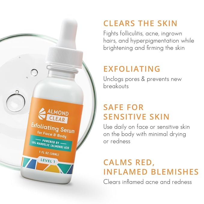 Face & Body Clearing Serum, Level 1- for acne, folliculitis, aging skin, ingrown hairs, dark spots - face, chest, butt, back, thighs, arms - mandelic acid - 1 fl oz