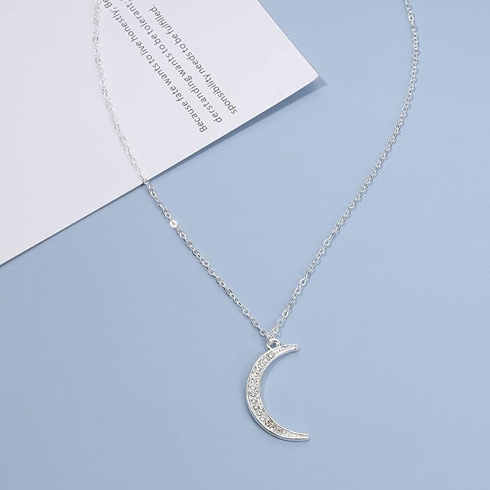 Boho Rhinestone Moon Necklace CZ Crescent Pendant Necklace Chain Minimalist Necklace Festival Jewelry for Women and Teen Girls