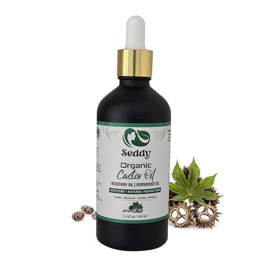 Seddy Organic Castor Oil - Cold Pressed | Hexane-Free | Pure | Hair, Scalp, Eyelashes, Eyebrows, Skin, & Nails | Hair Treatment Oil - 3.4 Fl. Oz
